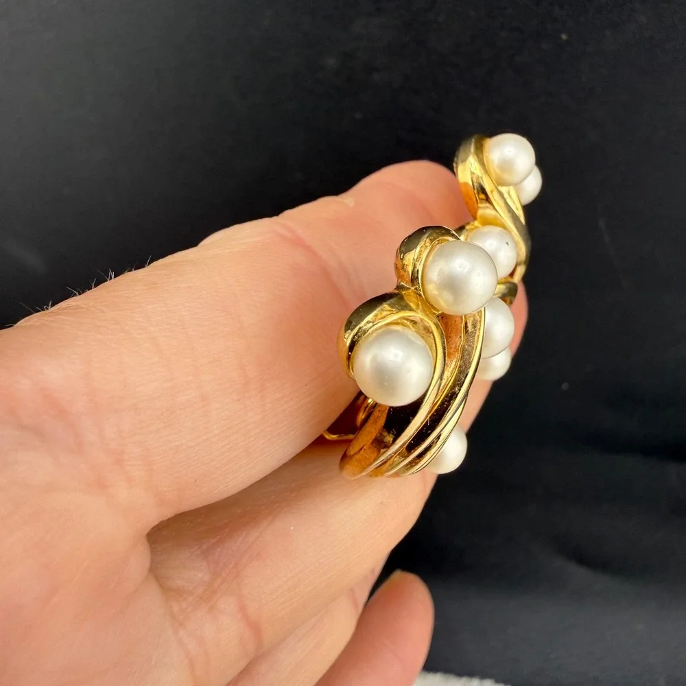 Vintage Trifari Clip On Earrings Gold Tone White Faux Pearl Swirl